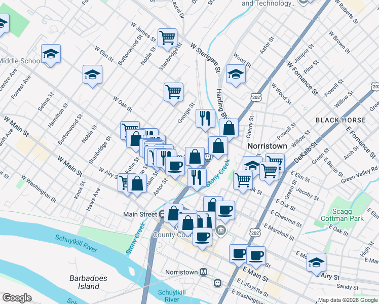 map of restaurants, bars, coffee shops, grocery stores, and more near 657 Astor Alley in Norristown