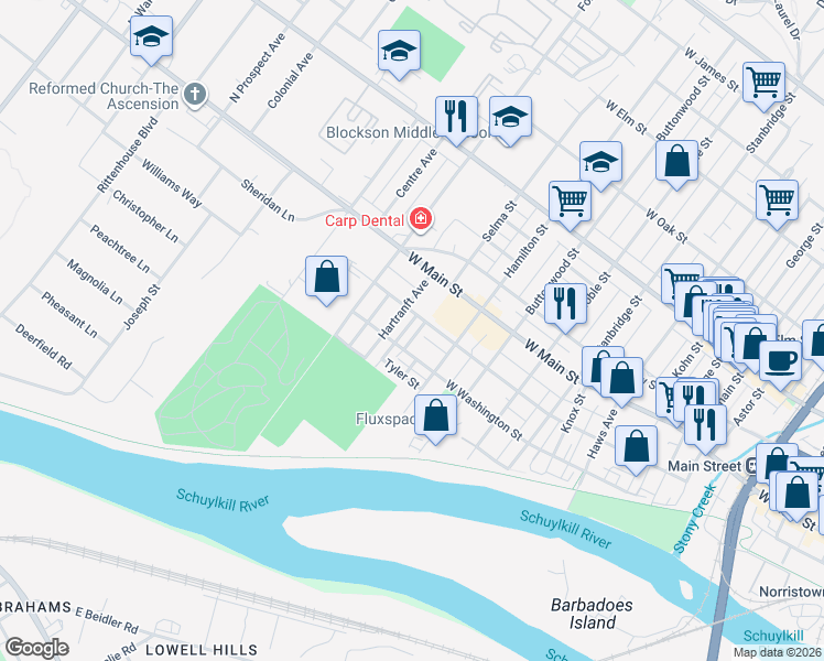 map of restaurants, bars, coffee shops, grocery stores, and more near 1215 West Washington Street in Norristown