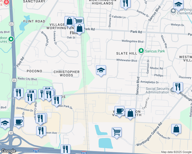 map of restaurants, bars, coffee shops, grocery stores, and more near 7625 Alta View Boulevard in Columbus