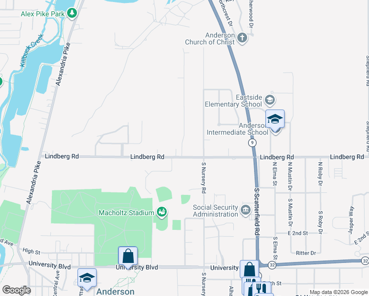 map of restaurants, bars, coffee shops, grocery stores, and more near 1611 Lindberg Road in Anderson