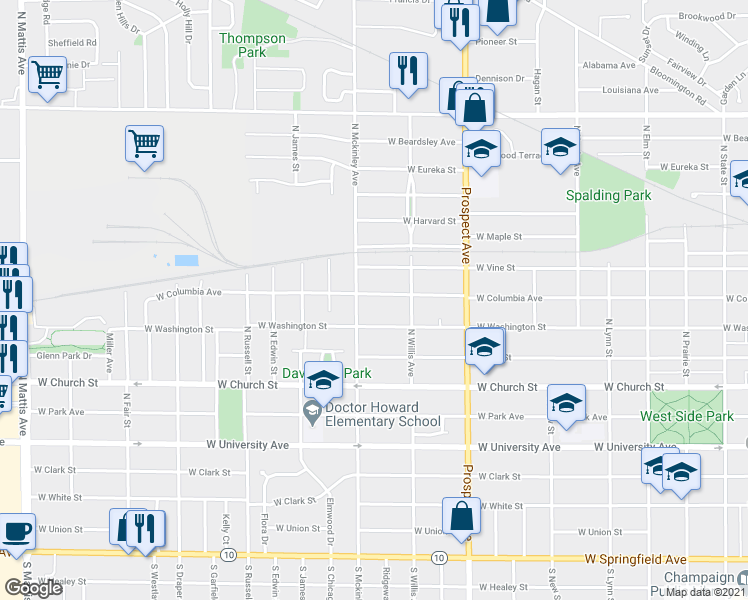 map of restaurants, bars, coffee shops, grocery stores, and more near in Champaign