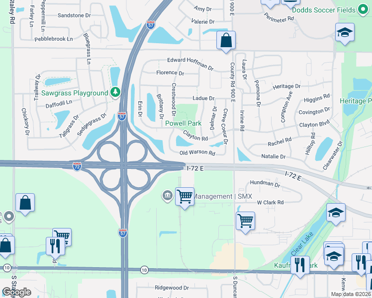 map of restaurants, bars, coffee shops, grocery stores, and more near 3203 Old Warson Road in Champaign