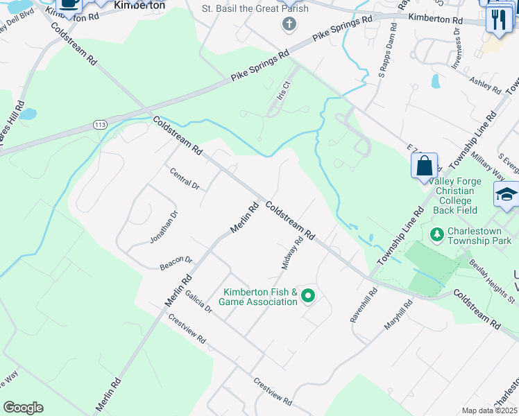 map of restaurants, bars, coffee shops, grocery stores, and more near 160 Coldstream Road in Phoenixville