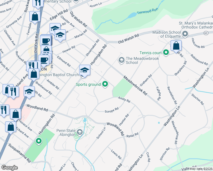 map of restaurants, bars, coffee shops, grocery stores, and more near 1626 Sherwood Road in Rydal