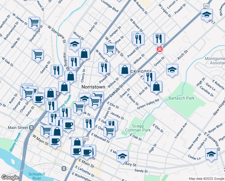 map of restaurants, bars, coffee shops, grocery stores, and more near 1041 DeKalb Street in Norristown