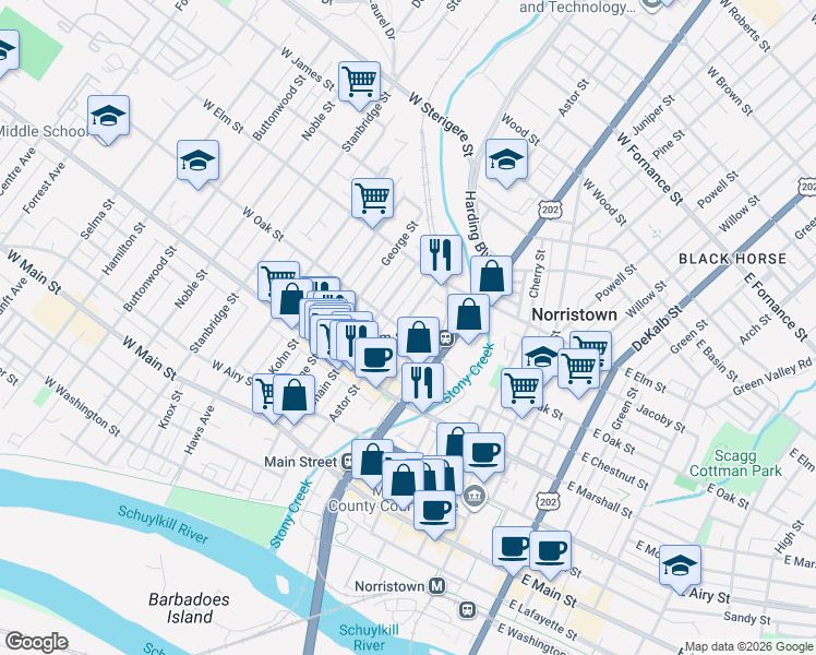 map of restaurants, bars, coffee shops, grocery stores, and more near 657 Astor Alley in Norristown