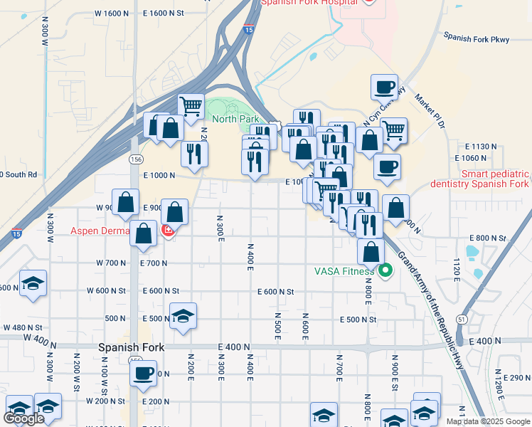 map of restaurants, bars, coffee shops, grocery stores, and more near 460 East 900 North in Spanish Fork