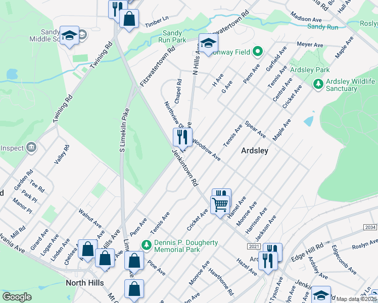 map of restaurants, bars, coffee shops, grocery stores, and more near 620 Penn Avenue in Glenside