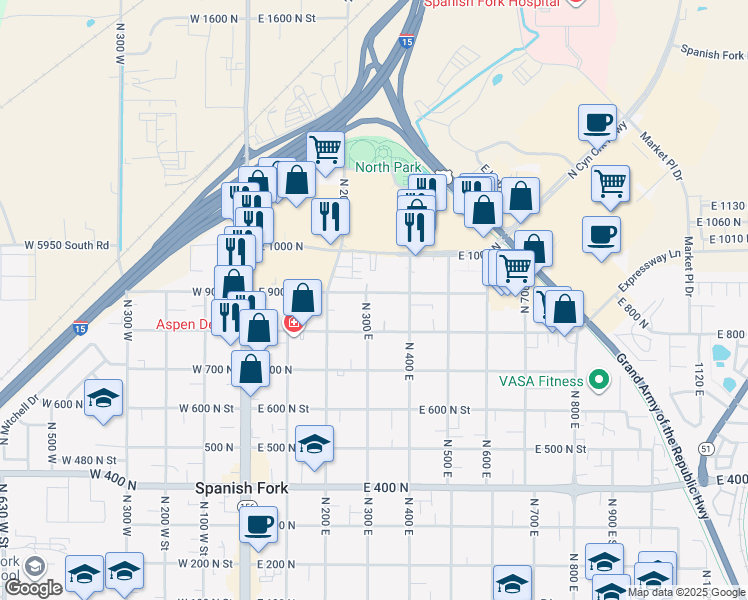 map of restaurants, bars, coffee shops, grocery stores, and more near 318 North 900th East in Salem