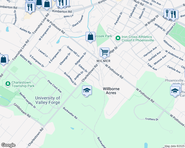 map of restaurants, bars, coffee shops, grocery stores, and more near 38 Rosewood Lane in Phoenixville