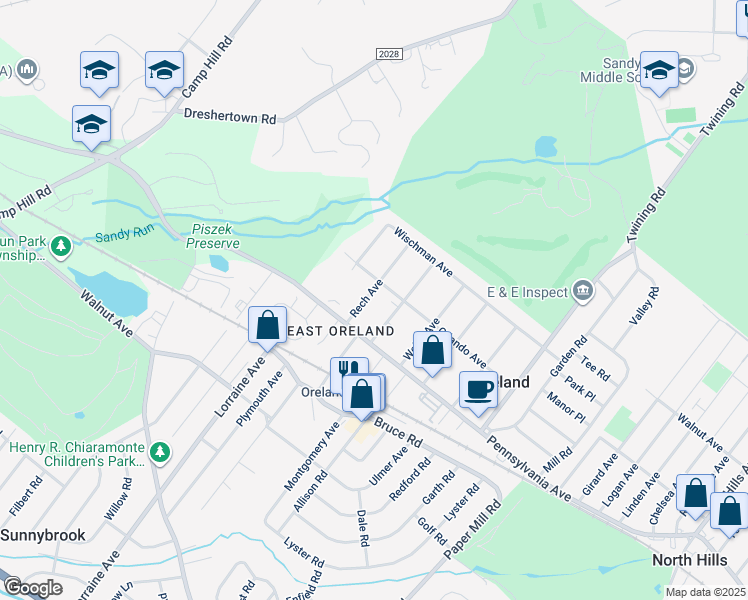 map of restaurants, bars, coffee shops, grocery stores, and more near 118 Rech Avenue in Oreland