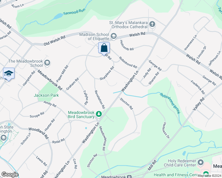 map of restaurants, bars, coffee shops, grocery stores, and more near 1352 Jamison Lane in Meadowbrook