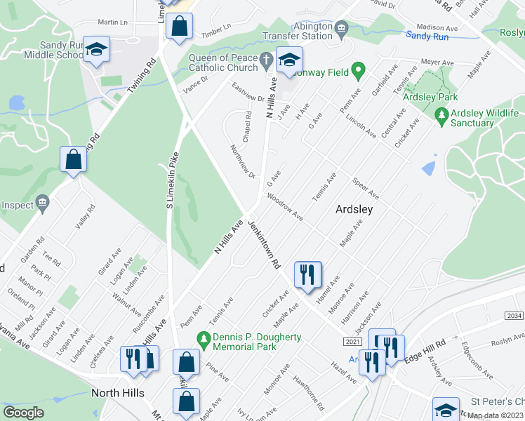 map of restaurants, bars, coffee shops, grocery stores, and more near 620 Penn Avenue in Glenside