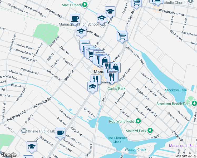 map of restaurants, bars, coffee shops, grocery stores, and more near 90 Curtis Avenue in Manasquan