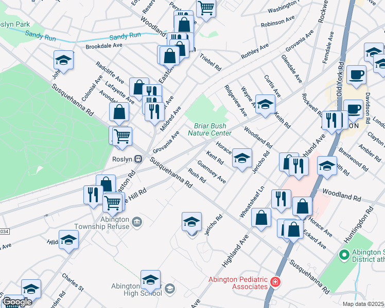 map of restaurants, bars, coffee shops, grocery stores, and more near 1148 Edge Hill Road in Abington