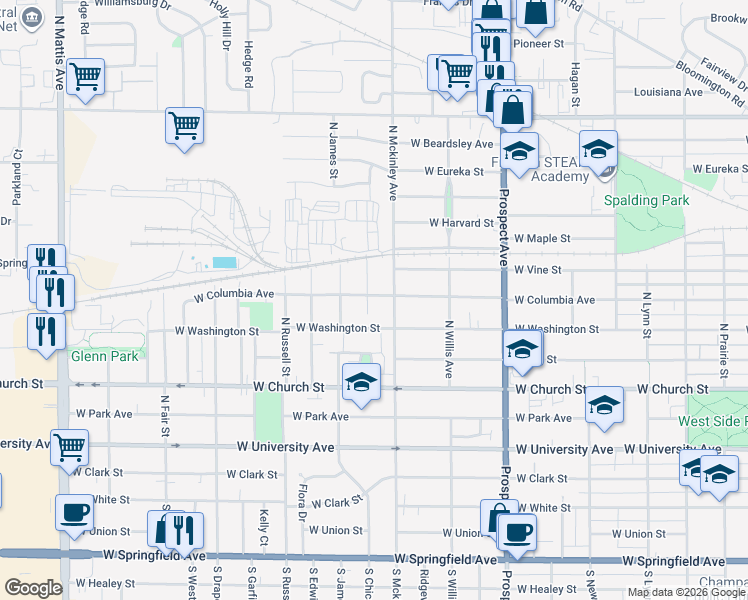 map of restaurants, bars, coffee shops, grocery stores, and more near 503 North Mckinley Avenue in Champaign