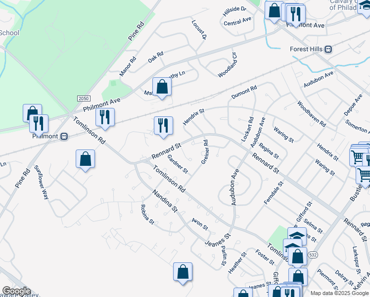 map of restaurants, bars, coffee shops, grocery stores, and more near 105 Rennard Place in Philadelphia
