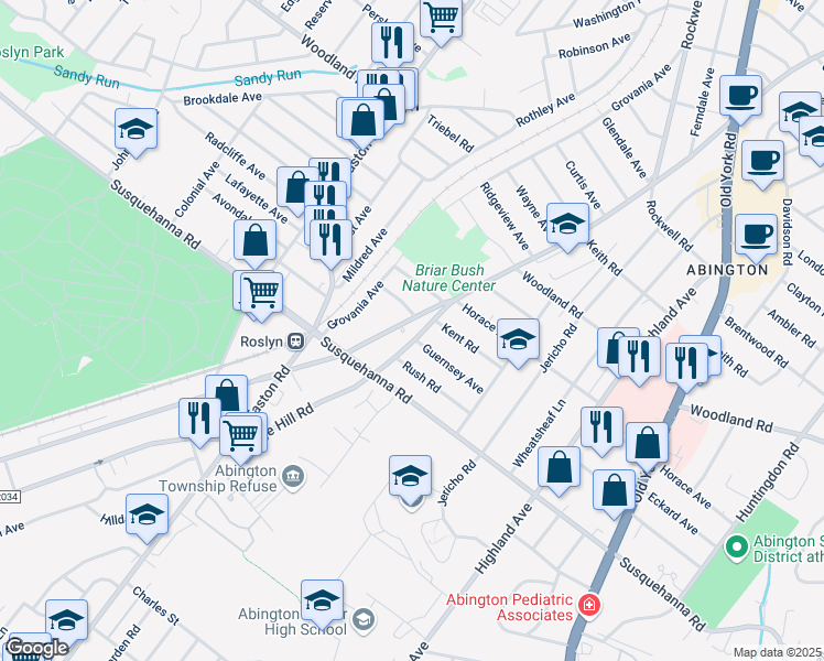 map of restaurants, bars, coffee shops, grocery stores, and more near 1148 Edge Hill Road in Abington