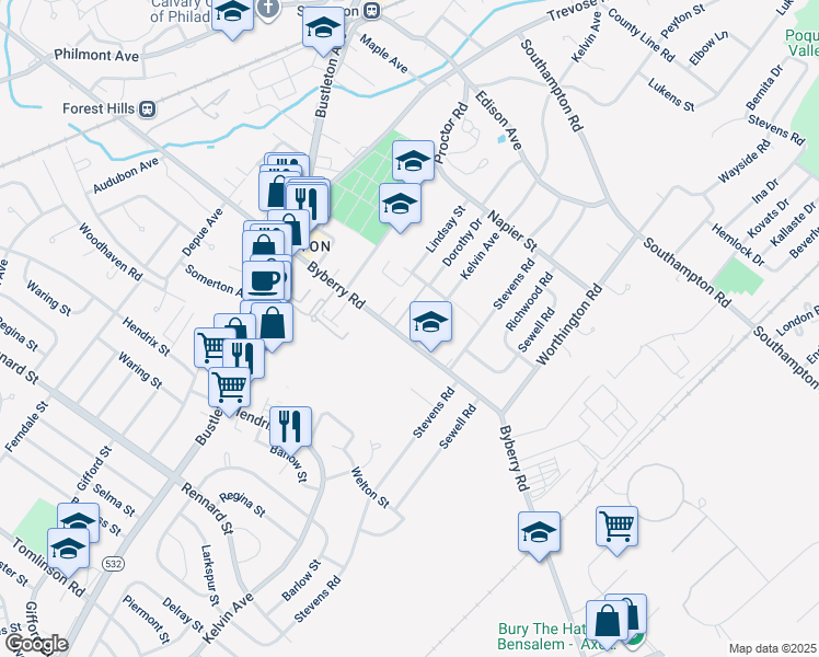 map of restaurants, bars, coffee shops, grocery stores, and more near 825 Byberry Road in Philadelphia