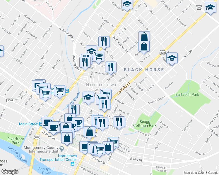 map of restaurants, bars, coffee shops, grocery stores, and more near 1035 Willow Street in Norristown