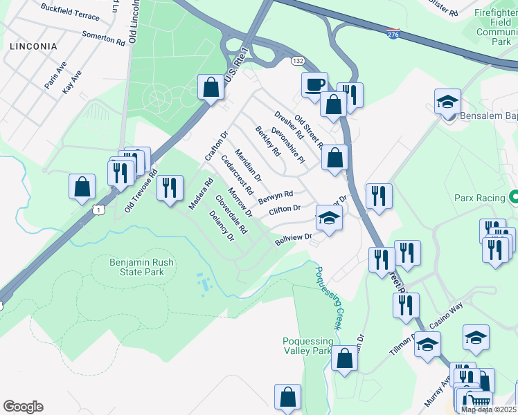 map of restaurants, bars, coffee shops, grocery stores, and more near 3542 Morrow Drive in Bensalem