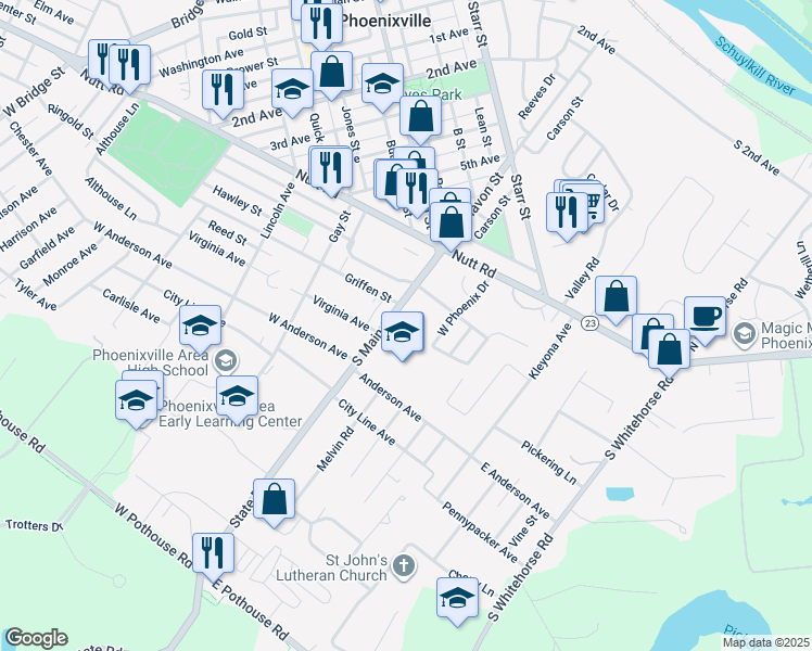 map of restaurants, bars, coffee shops, grocery stores, and more near 835 South Main Street in Phoenixville