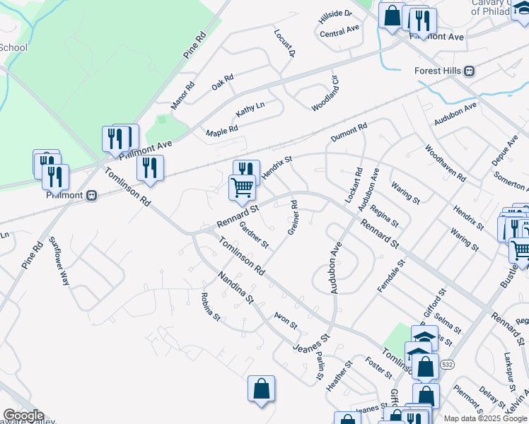 map of restaurants, bars, coffee shops, grocery stores, and more near 105 Rennard Place in Philadelphia