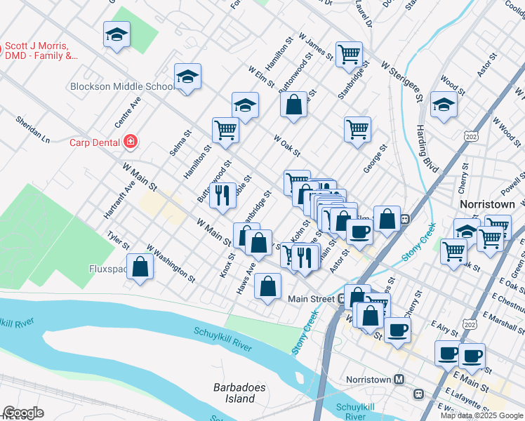 map of restaurants, bars, coffee shops, grocery stores, and more near 544 Stanbridge Street in Norristown