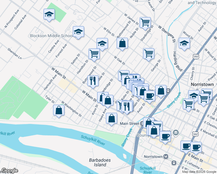 map of restaurants, bars, coffee shops, grocery stores, and more near 522 Wright Alley in Norristown