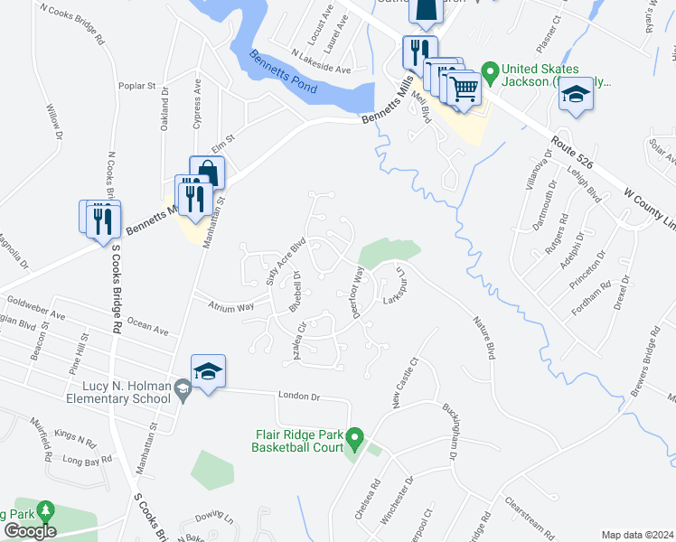 map of restaurants, bars, coffee shops, grocery stores, and more near 106 Daffodil Drive in Jackson