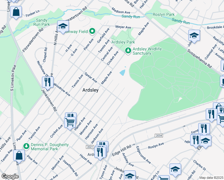 map of restaurants, bars, coffee shops, grocery stores, and more near 800 Harrison Avenue in Glenside