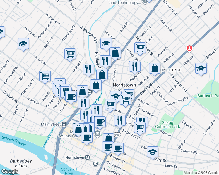 map of restaurants, bars, coffee shops, grocery stores, and more near in Norristown