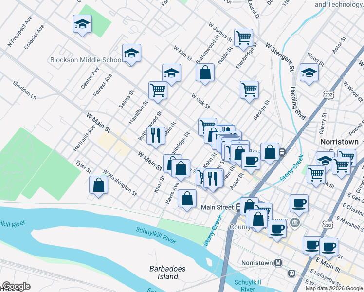 map of restaurants, bars, coffee shops, grocery stores, and more near 522 Wright Alley in Norristown