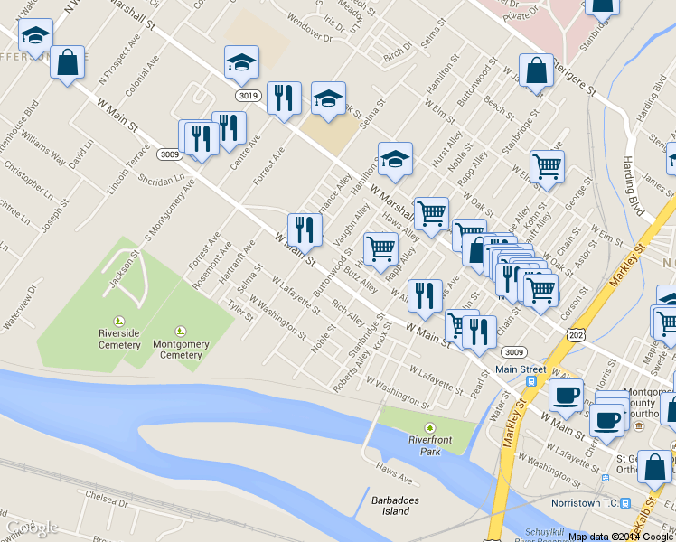 map of restaurants, bars, coffee shops, grocery stores, and more near 324 Buttonwood Street in Norristown