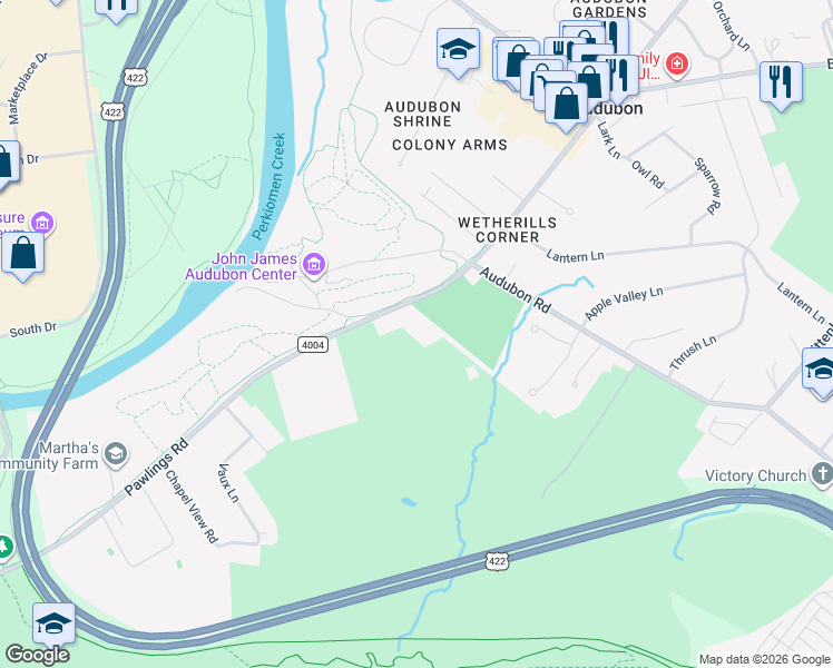 map of restaurants, bars, coffee shops, grocery stores, and more near 1232 Pawlings Road in Phoenixville