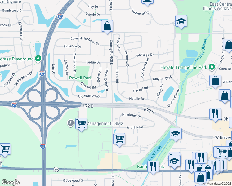 map of restaurants, bars, coffee shops, grocery stores, and more near 2911 Natalie Drive in Champaign