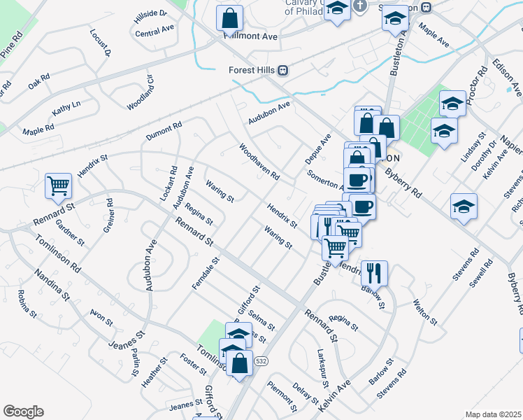 map of restaurants, bars, coffee shops, grocery stores, and more near 11897 Ferndale Street in Philadelphia