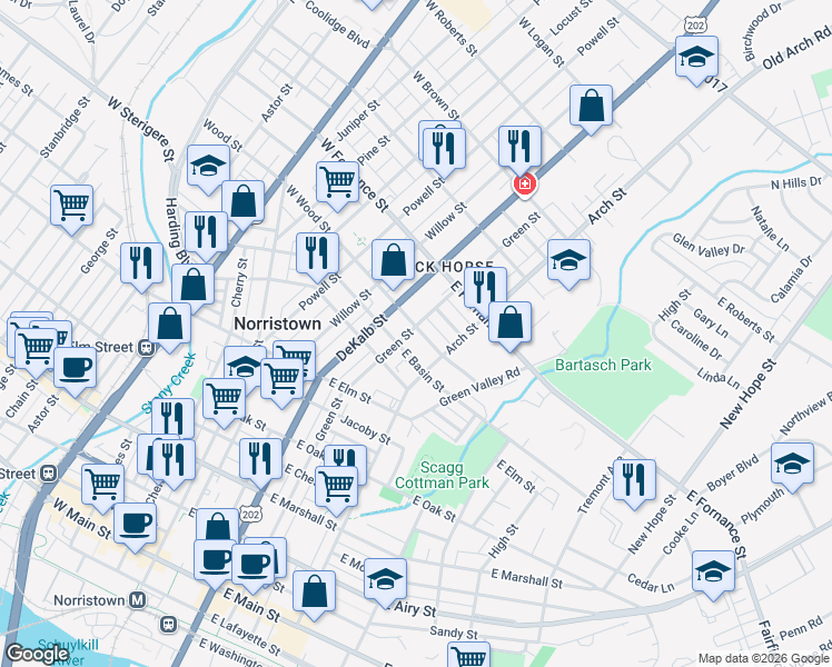 map of restaurants, bars, coffee shops, grocery stores, and more near 223 East Basin Street in Norristown