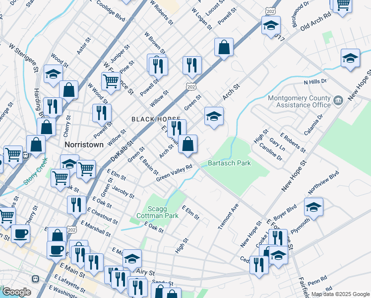 map of restaurants, bars, coffee shops, grocery stores, and more near 307 East Fornance Street in Norristown