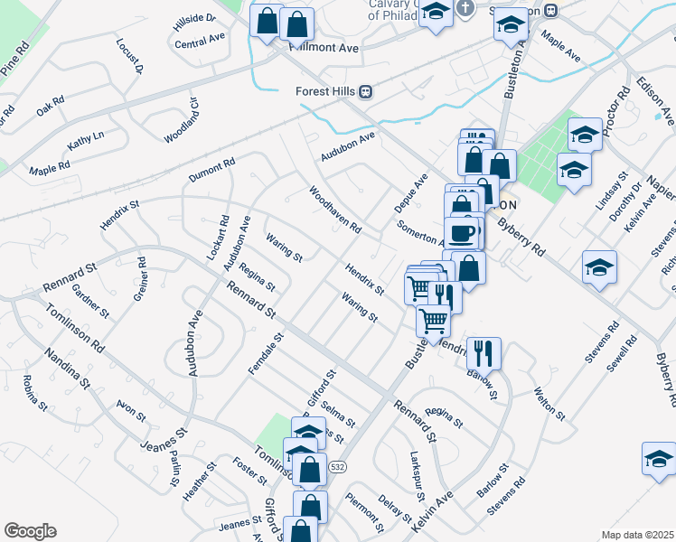 map of restaurants, bars, coffee shops, grocery stores, and more near 11897 Ferndale Street in Philadelphia