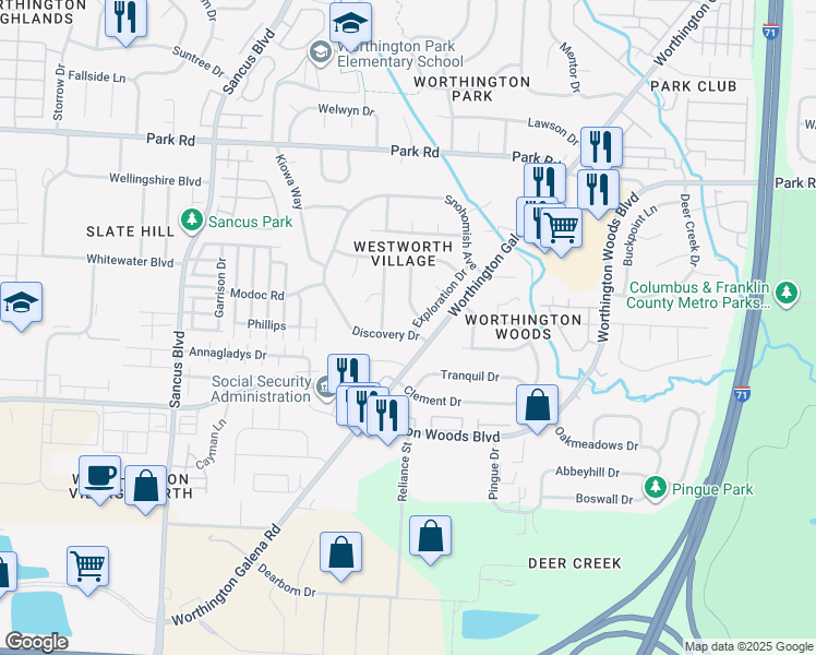 map of restaurants, bars, coffee shops, grocery stores, and more near 7621 Worthington Galena Road in Worthington