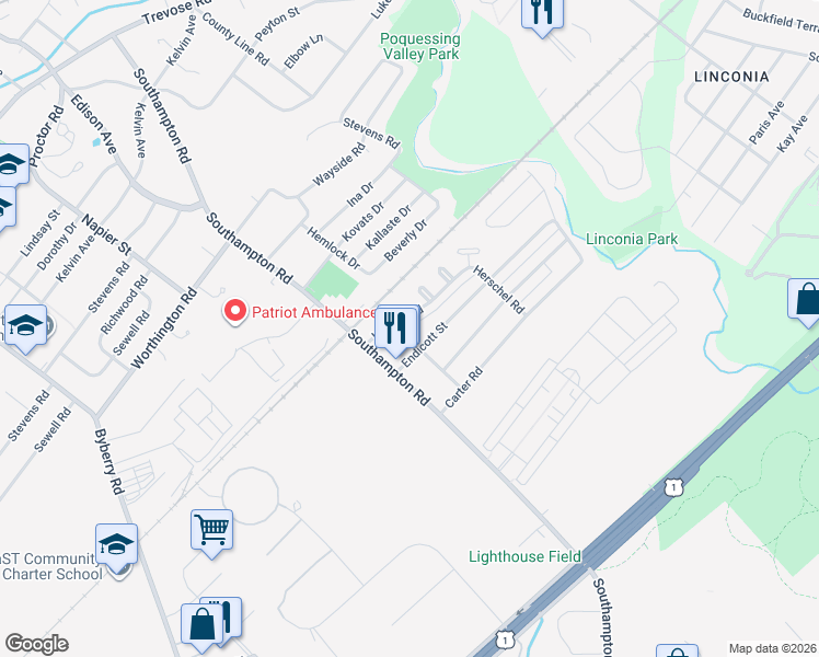 map of restaurants, bars, coffee shops, grocery stores, and more near 15055 London Road in Philadelphia