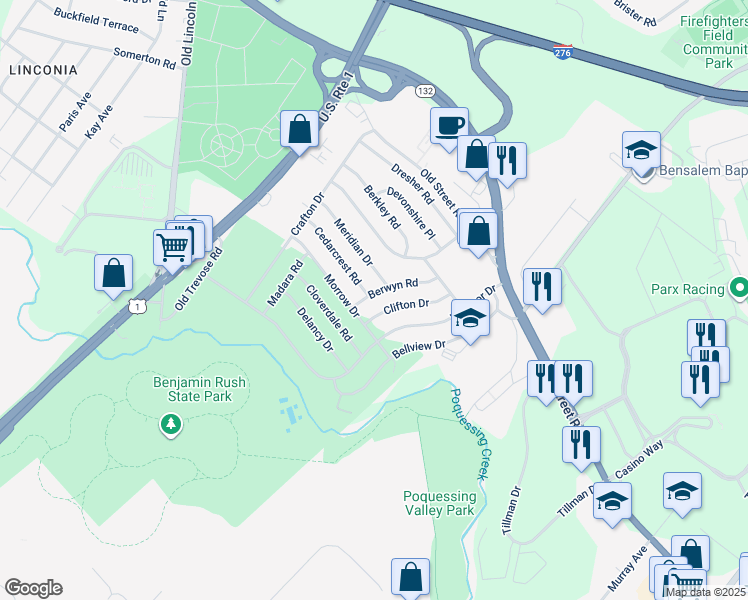 map of restaurants, bars, coffee shops, grocery stores, and more near 2737 Berwyn Road in Bensalem