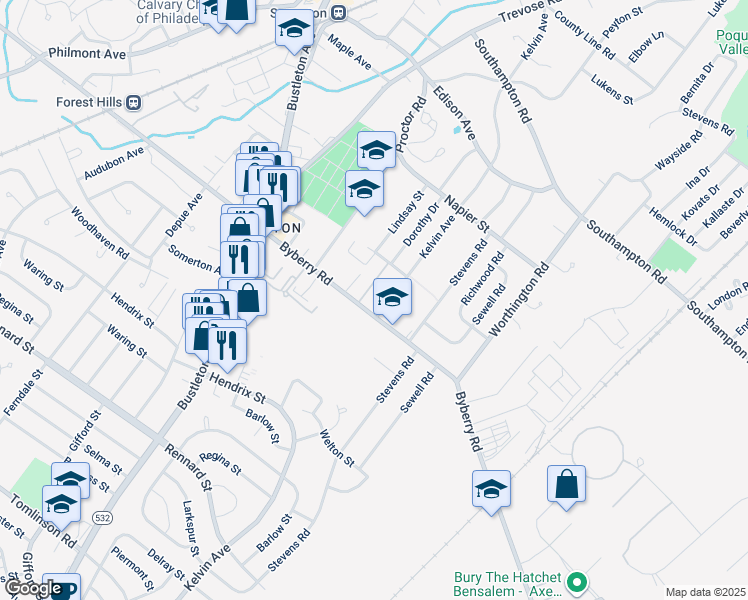 map of restaurants, bars, coffee shops, grocery stores, and more near 825 Byberry Road in Philadelphia