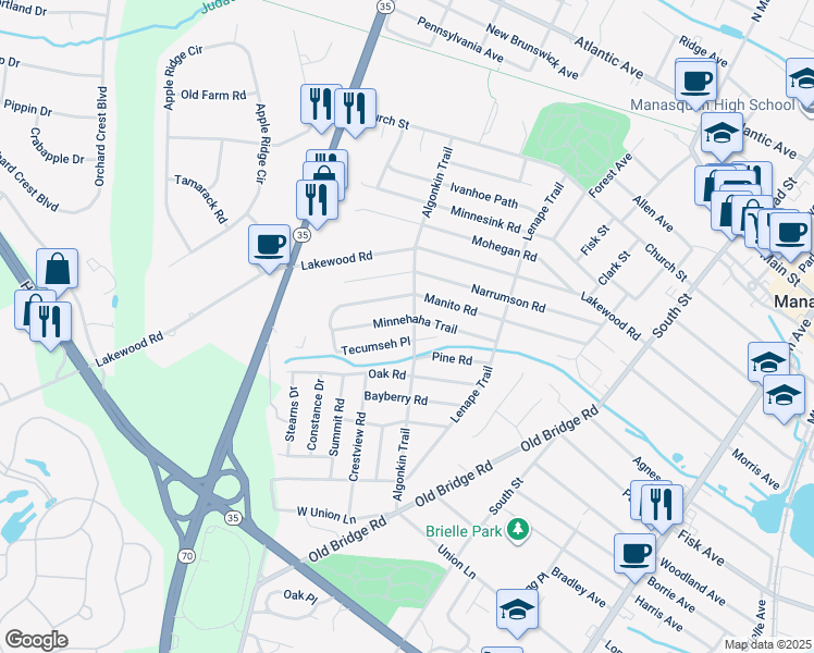 map of restaurants, bars, coffee shops, grocery stores, and more near 2525 Algonkin Trail in Manasquan