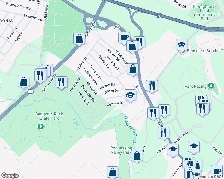 map of restaurants, bars, coffee shops, grocery stores, and more near 2808 Clifton Drive in Bensalem