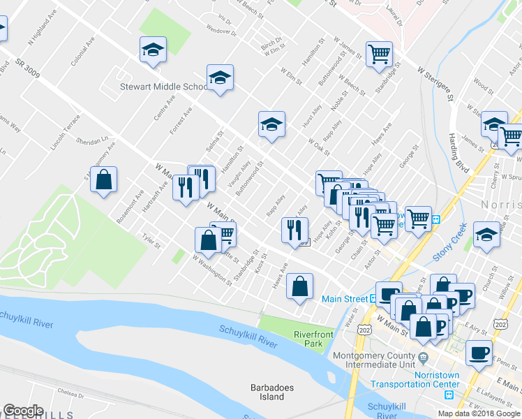 map of restaurants, bars, coffee shops, grocery stores, and more near 510 Noble Street in Norristown