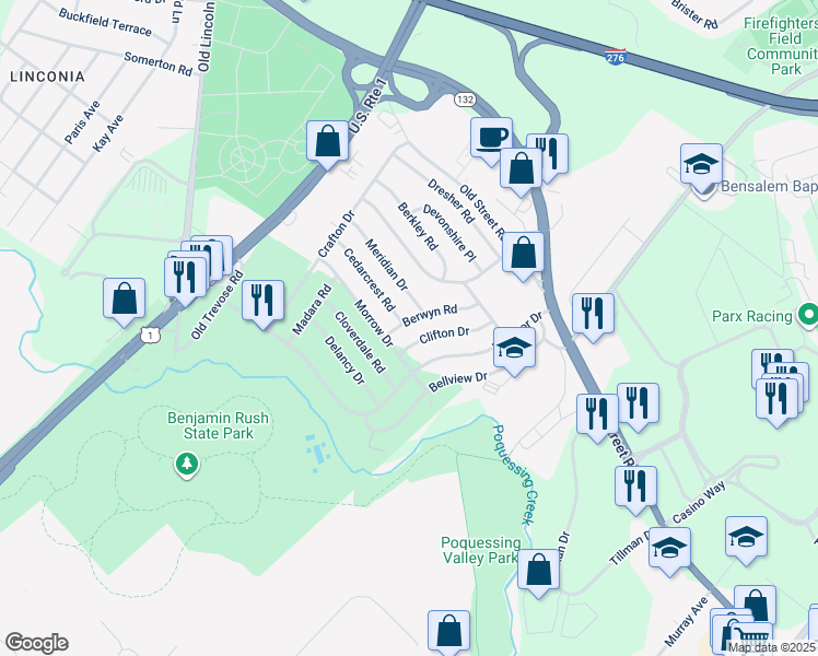 map of restaurants, bars, coffee shops, grocery stores, and more near 2737 Berwyn Road in Bensalem