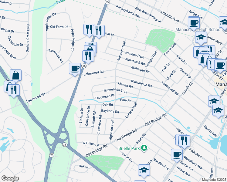 map of restaurants, bars, coffee shops, grocery stores, and more near 2525 Algonkin Trail in Manasquan