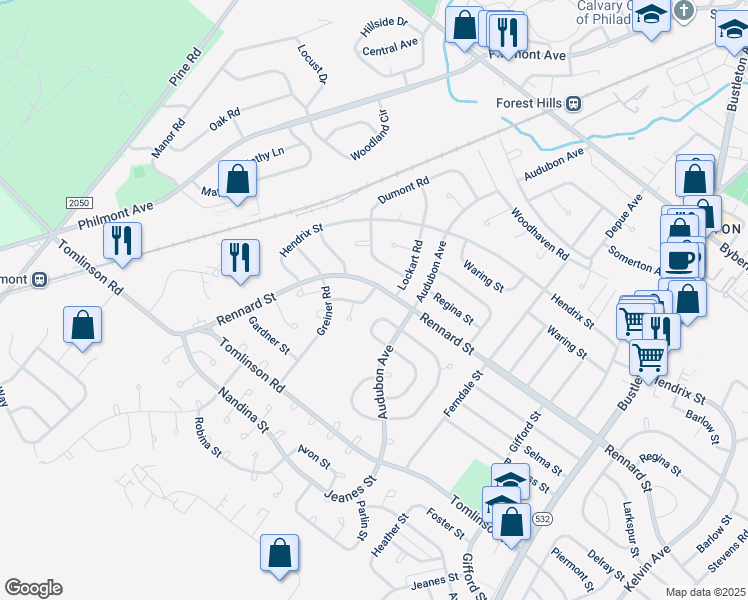 map of restaurants, bars, coffee shops, grocery stores, and more near 190 Larkspur Street in Philadelphia